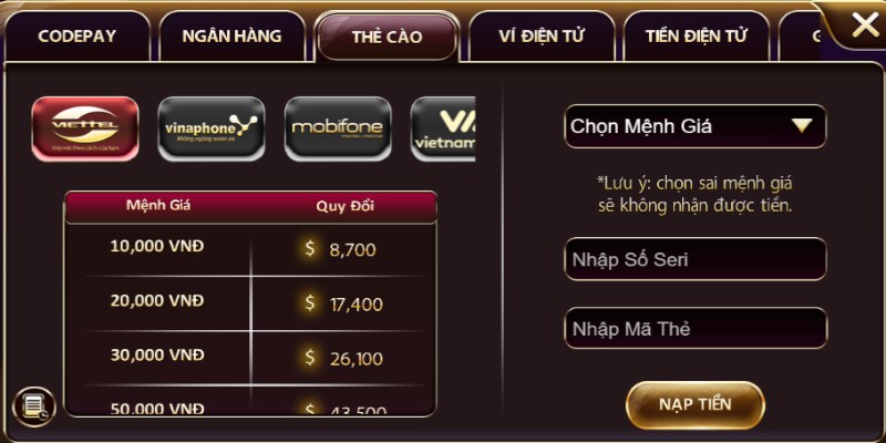 Nạp bằng thẻ cào là hình thức tiện lợi khi bạn muốn giao dịch nhanh